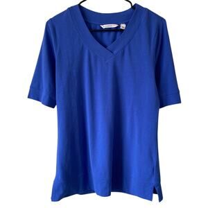 ISAAC MIZRAHI LIVE Rounded V Neck w/ Thick Band Inset Knit T Shirt Small Blue